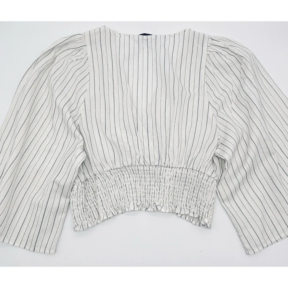 Zara Linen Blend Pin-striped Cross Wrapped Crop Top Smocked Waist 3/4 Puff XL